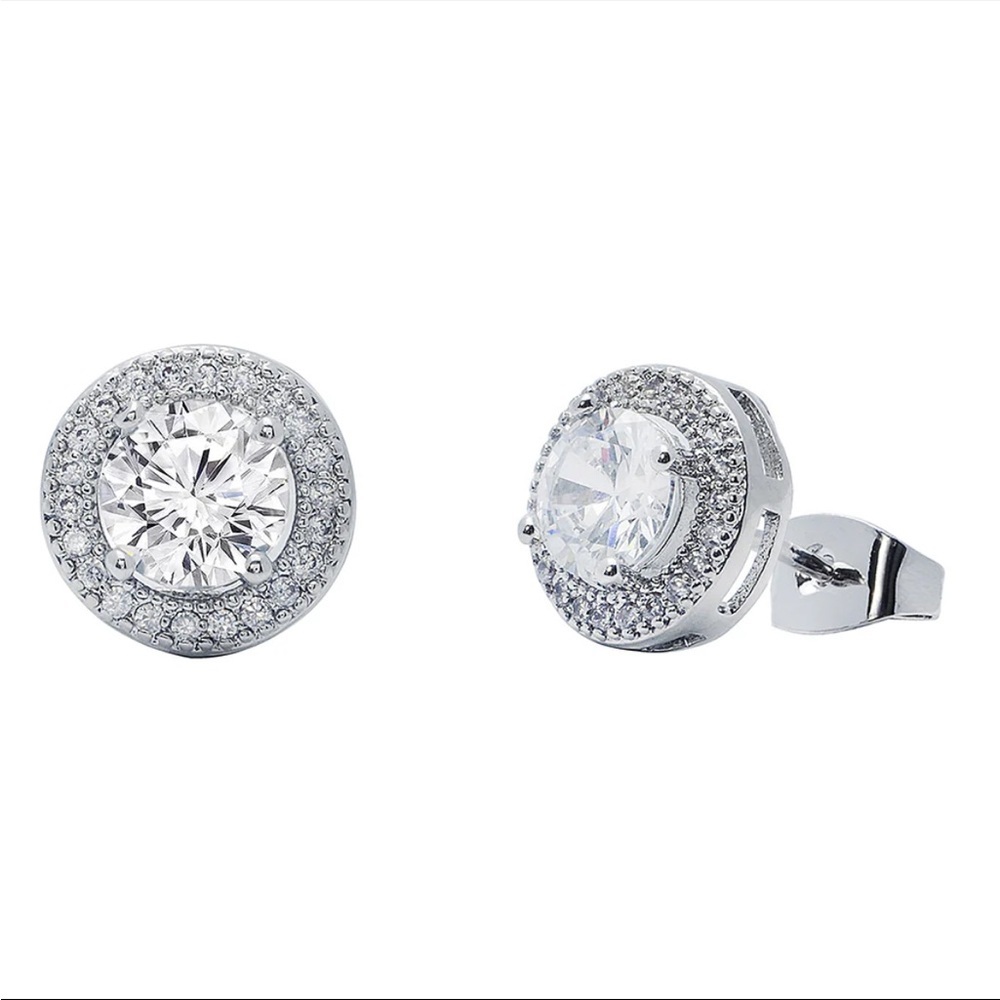 Mariah 18k White-Gold Plated Round Cut Halo Stud Earrings (Simulated Diamond)